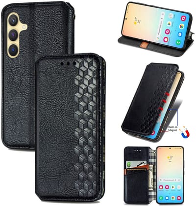 Luxe PU Lederen Ruitpatroon Wallet Case + Screenprotector voor Galaxy S24 Plus _ Zwart