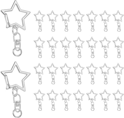 40 stuks metalen veersnapsleutelhangers, stervormige draaibare kliksluiting, sleutelringclips met kettingophanggesp en open springring, zilver