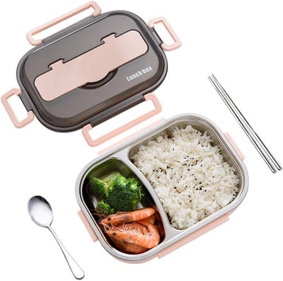 Famanu - Bento Box roestvrij stalen lunchcontainers 2/3/4/5 compartiment voedselopslag met eetstokjes en lepel (roze, 2 compartiment)