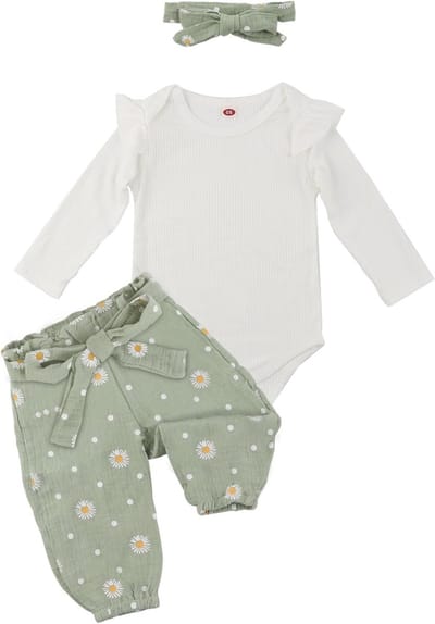 Elegante Romper Set voor Pasgeborenen, Lange Mouwen Romper, Geboortedag Outfit met Bloemenbroek en Haarband