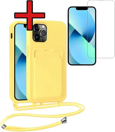 Hoesje Geschikt voor iPhone 13 Pro Hoesje Met Telefoonkoord en Pasjeshouder Met Screenprotector Siliconen - Hoes Geschikt voor iPhone 13 Pro Hoesje Met Kaarthouder Case - Geel
