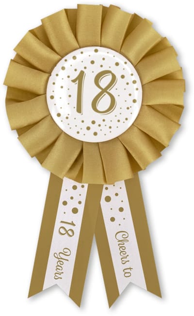 Q2P - 18 Jaar Rozet - Verjaardag Versiering - Wit & Goud - Feest - Buttons - Rosette