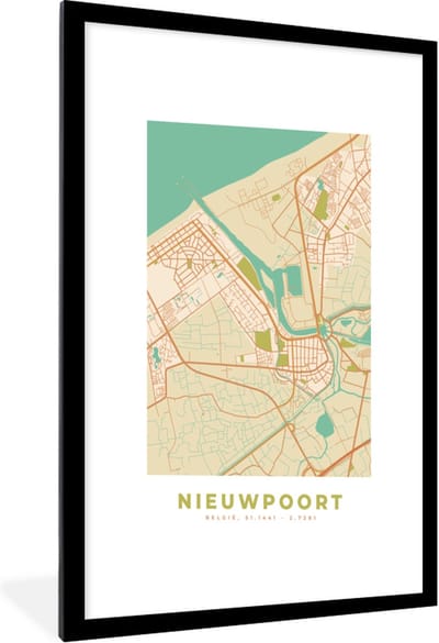 Fotolijst incl. Poster - België - Plattegrond - Nieuwpoort - Kaart - Stadskaart - 60x90 cm - Posterlijst