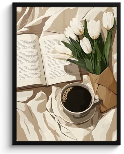 Poster in lijst - Fotolijst 50x70 cm - Posters - Boek - Illustratie - Tulpen - Koffie - Posterlijst zwart - Decoratie - Wanddecoratie woonkamer - Muurdecoratie slaapkamer