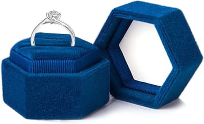 Hexagonale Velours Ringdoos voor Trouwen, Ringhouder met Twee Slots, Sieraden Geschenkdoos voor Verloving en Ceremonie (Blauw)