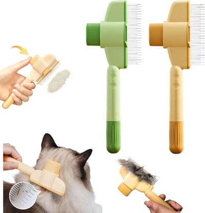 Set van 2 Kattenborstels met Ontspanningsknop voor Langharige en Kortharige Katten, Zelfreinigende Vlooienkam en Masserende Borstel voor het Ontwarren en Verwijderen van Vacht