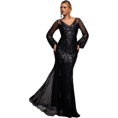 Puffermouw Jurk Versierd Met Sequins Dames Goddiva Maxi