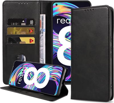 Smartphonica Telefoonhoesje geschikt voor Realme 8 / 8 Pro kunstleren Hoesje met Magnetische sluiting en Pasjeshouders Book Case met Klepje - Zwart geschikt voor Realme 8;Realme 8 Pro