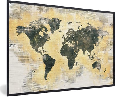 Poster in lijst - Fotolijst 90x60 cm - Posters - Wereldkaart - Goud - Krant - Posterlijst zwart - Decoratie - Wanddecoratie woonkamer - Muurdecoratie slaapkamer