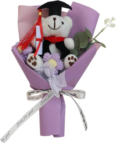 Afstuderen Beer Rozen - Boeket Bloemen - Afstuderen Vieren - Handgemaakt Geweven Ontwerp - 25x15x10 cm - Paars