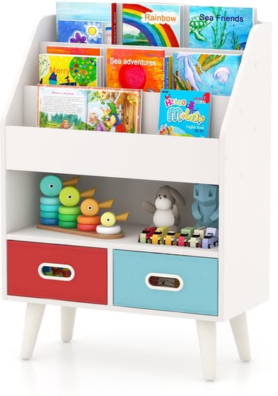 COSTWAY Boekenkast voor kinderen, kinderrek met 3 planken en open vak en 2 stoffen laden, kinderkamerrek, hout, kantelbeveiliging, speelgoedorganizer voor klaslokaal en kinderkamer (wit)