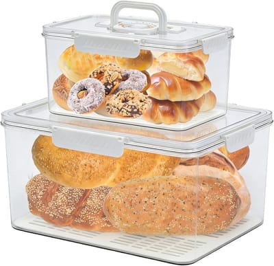 Broodtrommelopbergdoos, 2-delige set, transparant, luchtdicht met deksel, voorraaddoos, brooddoos van kunststof voor brood, gebak, toast en koekjes, keukenvershouddoos