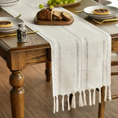 Mode Boho crèmekleurige tafelloper met kwastjes, boerderijstijl, keukentafeldecoratie, vakantie, bruiloft, diner, verjaardag, decoratie, 33 x 143 cm