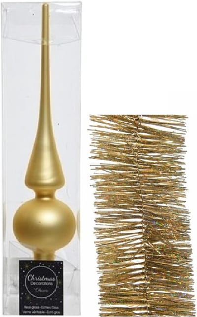 Kerstversiering glazen piek mat 26 cm en glitter folieslingers pakket goud van 3x stuks - Kerstboomversiering
