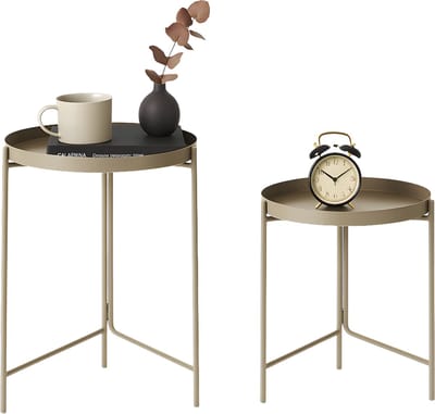 Lomera Set Van 2 Bijzettafels - Metalen Bijzettafels - Taupe Kleur - Ronde Bijzettafels - Woonkamer Tafels - Bijzet Tafel - Klein En Groot Formaat - Bijzettafel Set - Tafeltje
