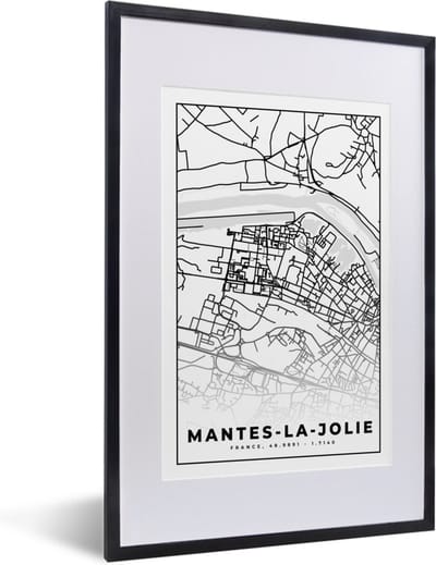 Fotolijst incl. Poster Zwart Wit- Frankrijk - Plattegrond - Stadskaart - Kaart - Mantes-la-Jolie - Zwart wit - 40x60 cm - Posterlijst