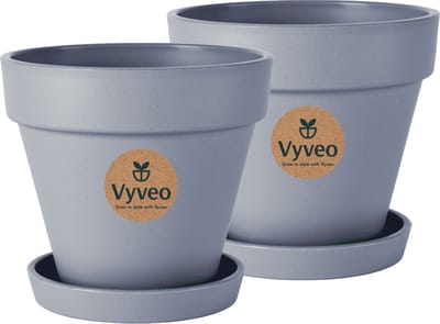 Vyveo - Bloempot Oslo met onderzetter - Set van 2 - 14x12 - Donkergrijs - Bloempot voor binnen en buiten - Lichtgewicht - Breukbestendig - Vorstbestendig - UV-bestendig
