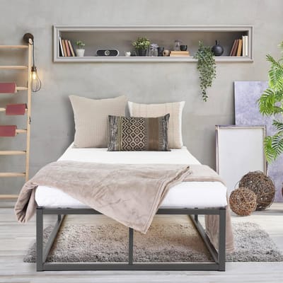 Bedframe eenpersoonsbed 90x200cm van metaal in antraciet met lattenbodem & matras H-16cm ML design
