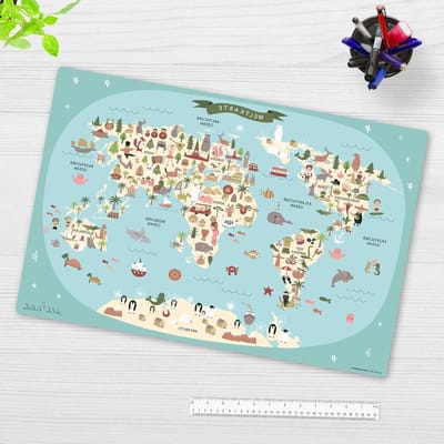 Kinderen Bureauonderlegger Wereldkaart van duurzaam vinyl 60 x 40 cm - Beste bescherming - Made in Germany
