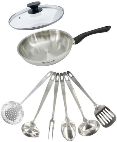 Set pan 24 cm roestvrij staal, glazen deksel en 6 roestvrijstalen keukengerei Fackelmann Geneva