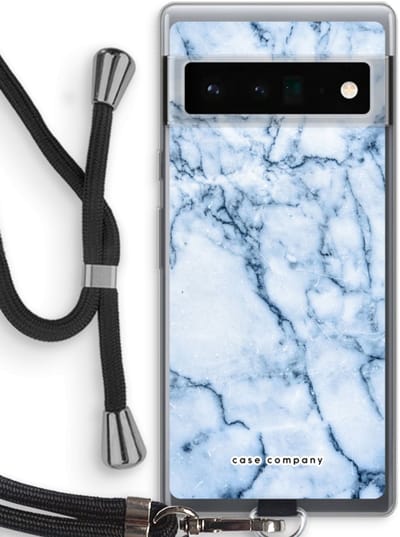 Case Company® - Hoesje met koord geschikt voor Google Pixel 6 Pro hoesje met Koord - Blauw marmer - Telefoonhoesje met Zwart Koord - Bescherming aan alle Kanten en Over de Schermrand