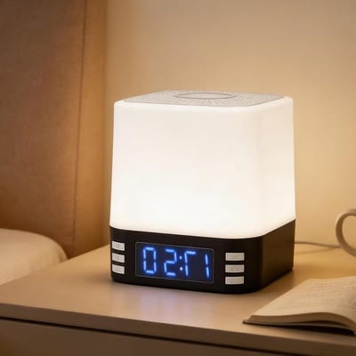 Digitale Wekker - Nachtlamp Speaker - Ontspannen Slaapkamer - Geïntegreerde Draadloze Oplader - 12 x 12 x 12 cm - Zwart