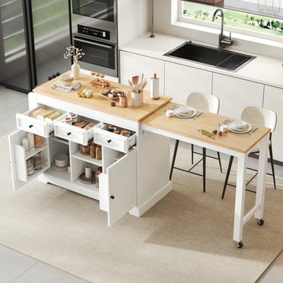 PHOEBE CAT Dressoir - Keukeneiland - Uitschuifbare eettafel - Met wieltjes - Houtlook - 3 lades - Wit + Naturel