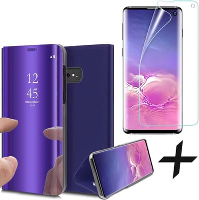 Hoesje geschikt voor Samsung Galaxy S10e - Screen Protector GlassGuard - Book Case Spiegel Paars & Screenprotector
