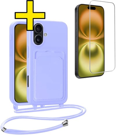 Hoesje Geschikt voor iPhone 16 Plus Telefoonhoesje Met Koord Case Pashouder Met Screenprotector Siliconen - Hoes Geschikt voor iPhone 16 Plus Hoesje Met Kaarthouder - Lila