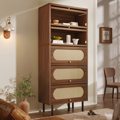 Clruro Highboard - 80 × 40 × 163 cm - Kast met 5 Kleppen en Rattan - Hout/Metaal - Walnoot