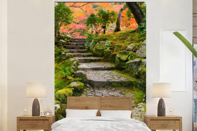 Behang - Fotobehang Natuur - Stenen - Pad - Mos - Japans - Breedte 195 cm x hoogte 300 cm