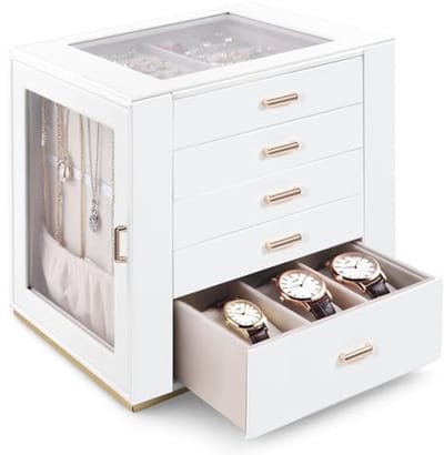 Grote Sieradenbox Organizer met Glazen Deksel - PU Leren 5-Laags Sieradenopbergdoos voor Ringen, Kettingen, Oorbellen en Armbanden