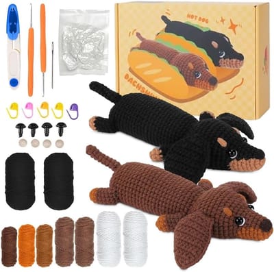 Complete haakset voor beginners met 2 dieren, inclusief instructies voor het haken van een teckel en andere schattige knuffels, perfect voor DIY-projecten