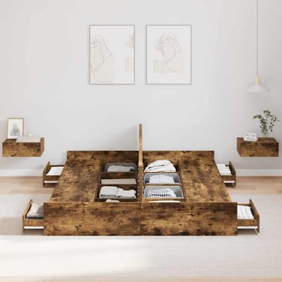 vidaXL - Opbergbedframe - met - lade - Rook - Eiken - 140 - x - 190 - cm - Bewerkt - hout
