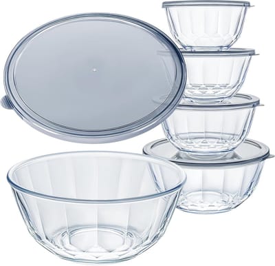 Set van 5 Hittebestendige Saladeschalen met Deksel van Borosilicaatglas, Stapelbare Mengkommen, Geschikt voor Magnetron en Vaatwasser
