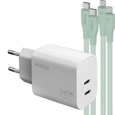 Phreeze usb C oplaadset 40 W - Geschikt voor iPhone 14 13 12 11 X en iPad met Lightning kabel groen - Snellader met 2 kabels