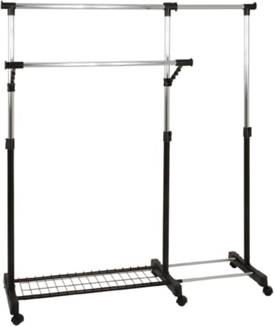Kledingrek – Grijs staal met wieltjes – Uitschuifbaar ontwerp – 177 cm hoog, 160 cm breed, 49 cm diep