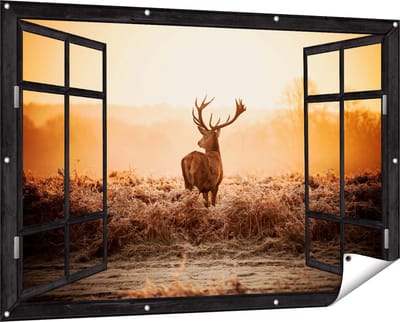 Gards Tuinposter Doorkijk Hert in de Wei tijdens de Zonsopkomst - 150x100 cm - Tuindoek - Tuindecoratie - Wanddecoratie buiten - Tuinschilderij
