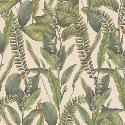 Bloemen behang Profhome 394132-GU vliesbehang hardvinyl warmdruk in reliëf licht gestructureerd in jungle stijl mat crème groen oranje 5,33 m2