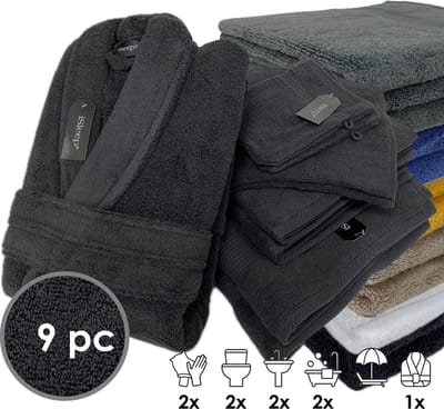 iSleep Terry Badtextiel - Voordeelset (9 delig) - 1x Badjas - Maat S - 2x Washandje 16x22 cm - 2x Gastendoekje 30x50 cm - 2x Handdoek 60x110 cm - 2x Badlaken 70x140 cm - Zwart