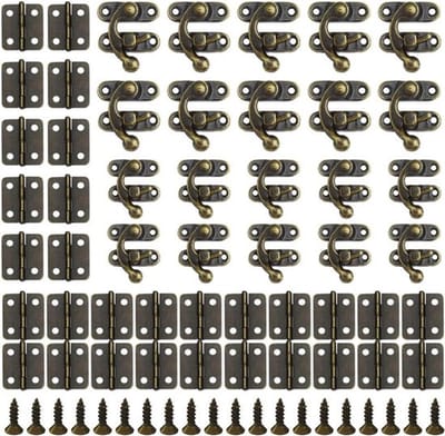 Set van 20 antieke vintage barrelhaken met snelsluiting en mini-klapscharnieren inclusief schroeven, ideaal voor het vergrendelen van houten kisten en doe-het-zelf decoratie