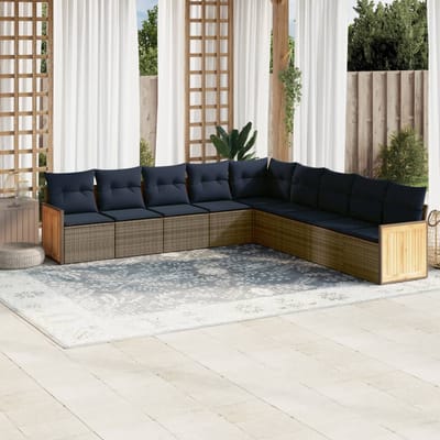 vidaXL - 9-delige - tuinbankset - met - kussens, - grijs - polyrotan