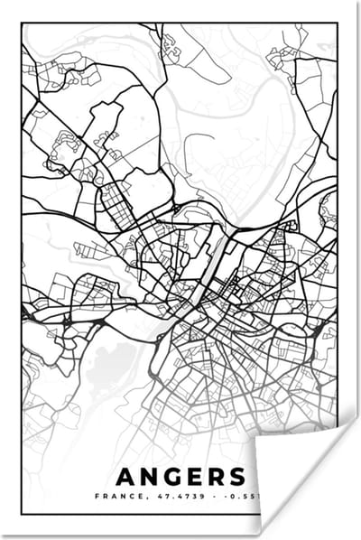 Poster Stadskaart - Angers - Plattegrond - Kaart - Frankrijk - Zwart wit - 120x180 cm XXL