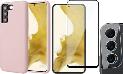 Hoesje geschikt voor Samsung Galaxy S22 Plus - Matte Back Cover Microvezel Siliconen Case Hoes Roze - Full Tempered Glass Screenprotector - Camera Lens Protector