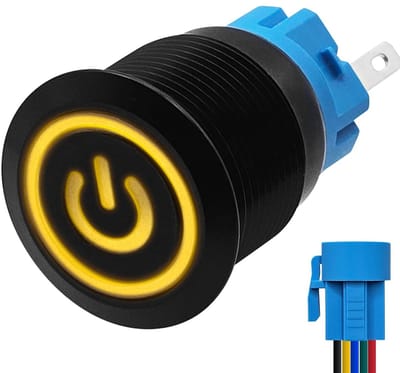 ProRide Metalen Drukschakelaar 12V ON-OFF met Aansluitkabel - 19mm - Aan/uit schakelaar - Spatwaterdicht - 12V/24V - LED Indicatie Geel
