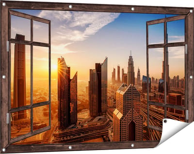 Gards Tuinposter Doorkijk Dubai Stad bij Zonsopgang - 120x80 cm - Tuindoek - Tuindecoratie - Wanddecoratie buiten - Tuinschilderij