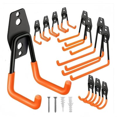 GELLDG Opbergrek voor apparatuur - Set van 12 muurhaken voor de garage - Stevige dubbele haken - Ruimtebesparend - Geschikt voor het opbergen van gereedschap, fietsen en fitnessapparatuur - Oranje