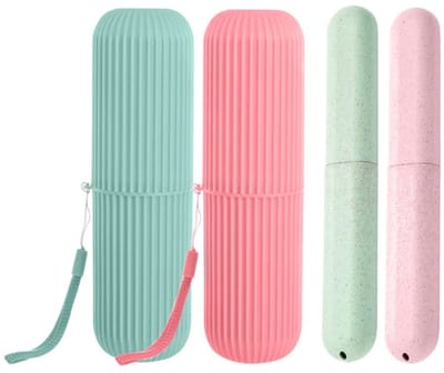Dailygoods- Tandenborstelhouder 4-delig - Reisetui - Tandenborsteldoos - Multifunctioneel - Groen/Roze - Afmetingen 20,5 cm x 3,2 cm - Tandenborstelbox