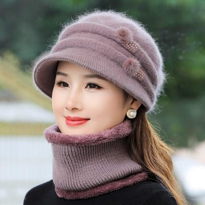 Nieuwe Dames Wintermuts Warmhouden Mama Muts Voeg Bont gevoerd Warme Set Muts voor Vrouwelijke Casual Konijnenbont Bucket Gebreide Muts 55cm-58cm lichtpaarse kleur