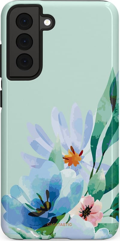 Casetastic hoesje geschikt voor Samsung Galaxy S21 FE 5G - Dubbellaagse bescherming - Lente schildering - Fashion Case - Lichtgrijs Lichtblauw Mintgroen